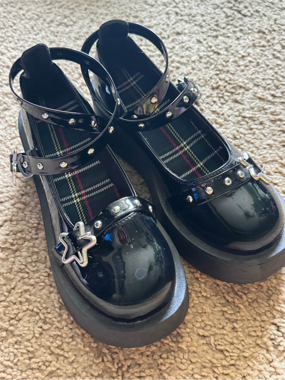 Black Patent Platform Mary Jane Wedges with Star Accent